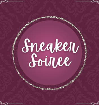 Image of Girls on the Run Worcester County's Sneaker Soiree logo. The logo is a mauve-colored circle with cursive script "Sneaker Soiree" in center. The circle is surrounded by another circle of silver glitter. The background is a slightly darker cranberry color with a subtle ornate pattern.